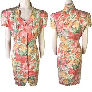 VINTAGE GARDANIA PARIS FLORAL  MULTICOLOUR BUTTON UP DRESS SHORT SLEEVES MEDIUM